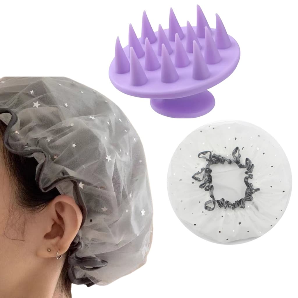 Kit 1 Escova Massageadora Cerdas Macias C/ 1 Touca Dupla Impermeável