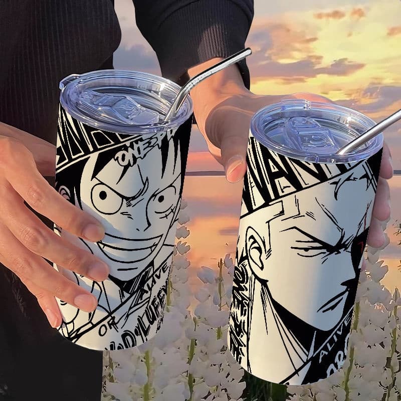 Copo térmico One Piece Luffy Zoro com canudo, copo casual para café, copo térmico portátil de aço inoxidável com canudo.
