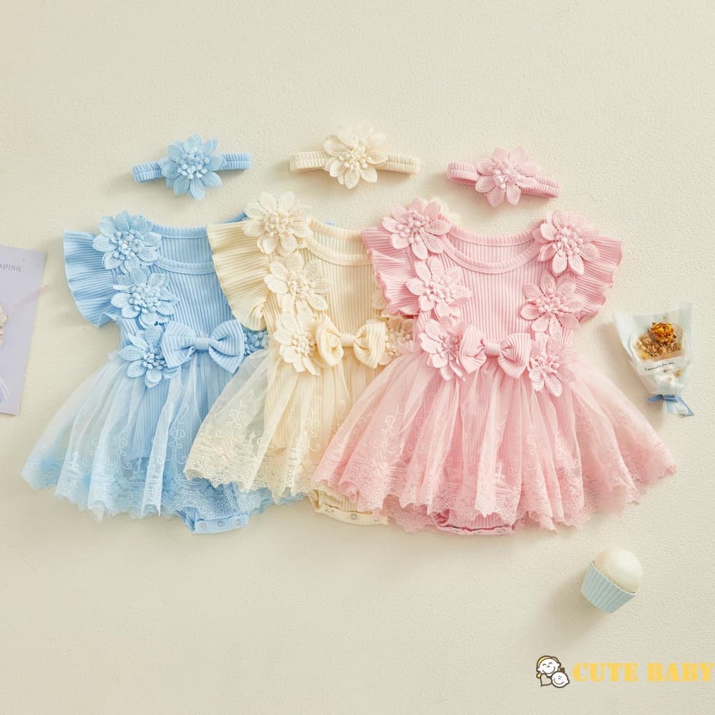Macacão de Verão para Bebês Meninas, Vestido de Malha com Renda Patchwork Babados Body e Faixa de Cabeça,0-18 Meses