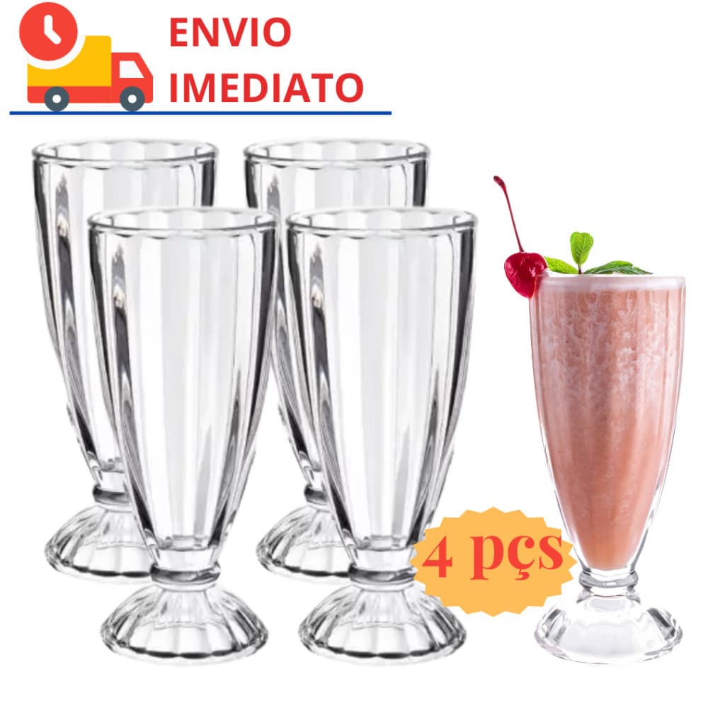 Jogo de 6 Taças Copo Vidro Milkshake Suco Sorvete Sorveteria