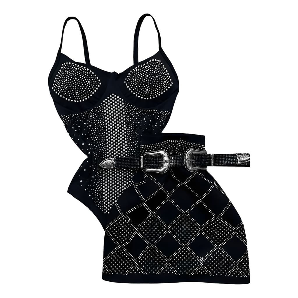 Conjunto Feminino Body Pedraria E Saia Pedraria Neoprene