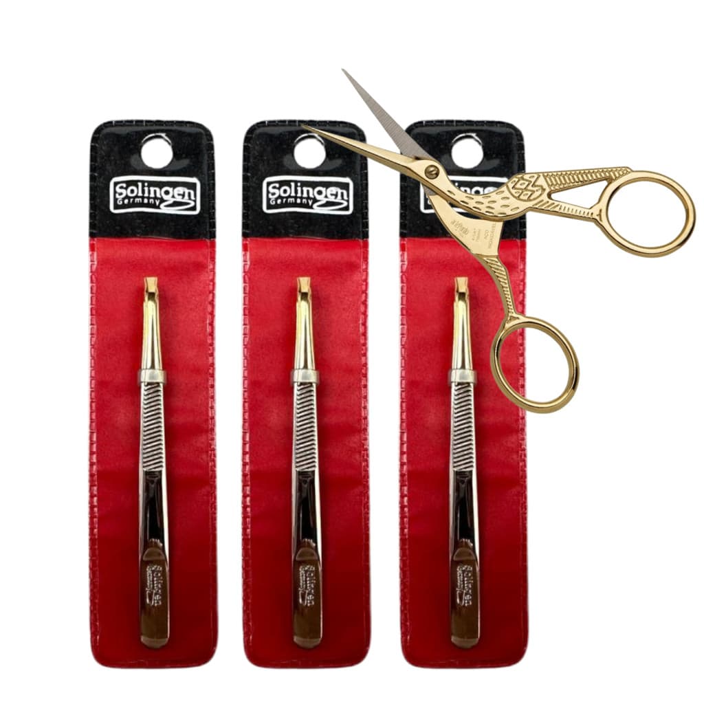 Kit 3 Pinça Solingen Reta Obliqua Design Sobrancellha + Tesourinha Cilios Passaro Dourada