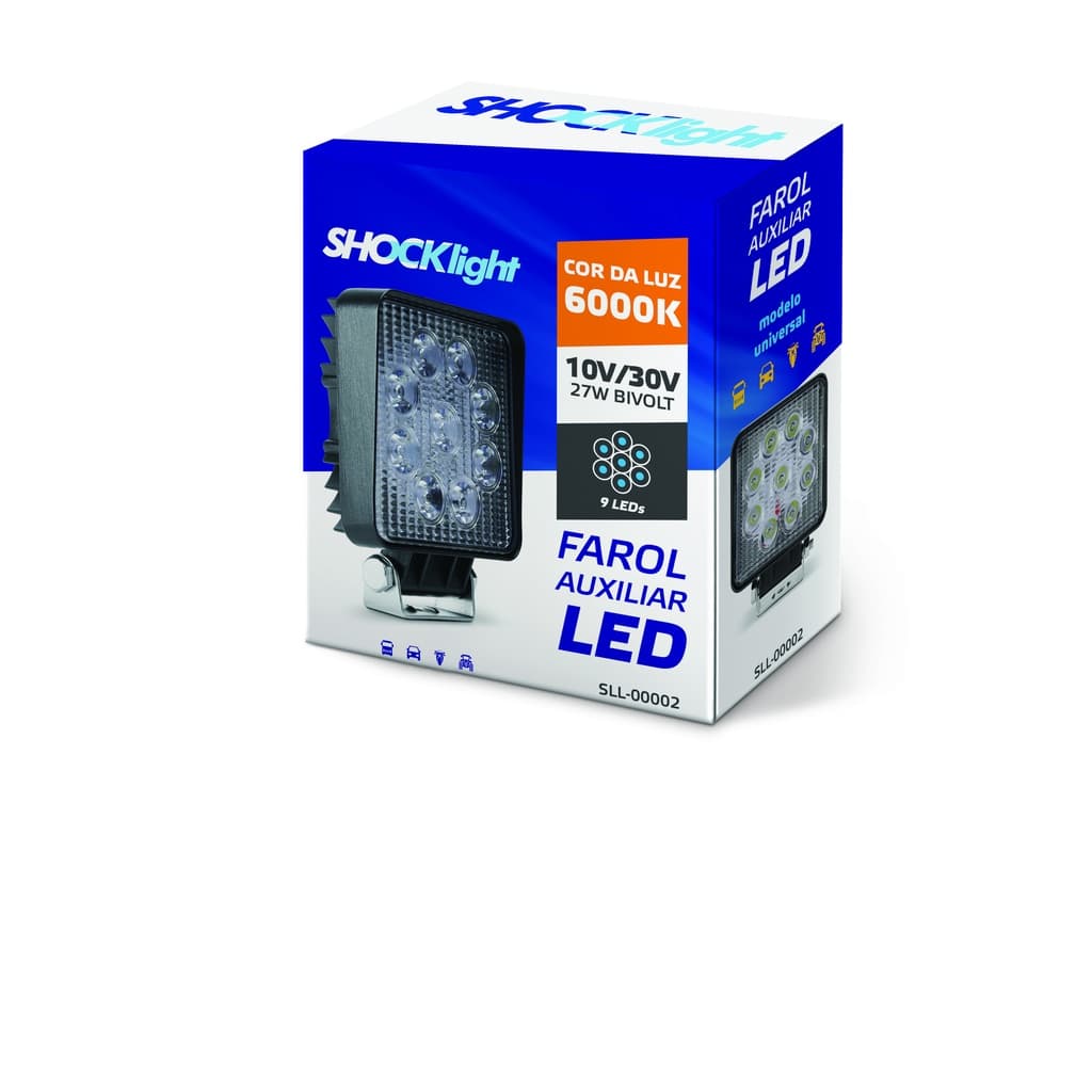 Farol Auxiliar 9 Leds Quadrado Universal 6000K 10/30V 2400LM