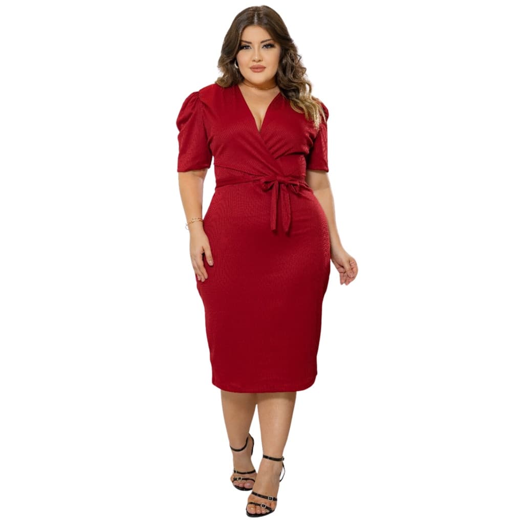 Vestido Feminino Midi Canelado Lindo Manga Bufante Promoção