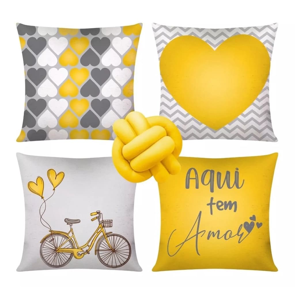 Kit C/ 4 Almofadas Cheias Decorativas + 1 Almofada De Nó Amor Amarelo