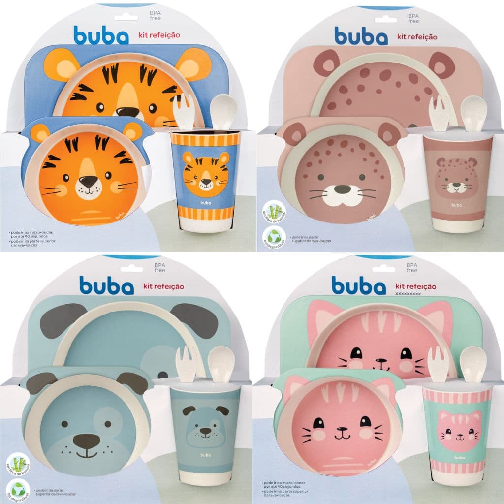 Kit Refeição Infantil Prato Tigela Bowl Colher Garfo E Copo Em Bambu Buba