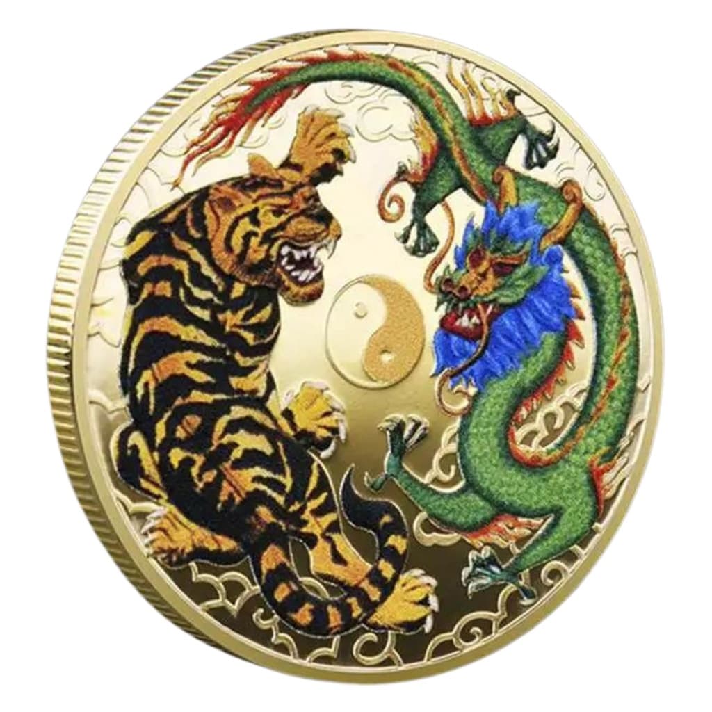 Moeda Tigre Dragão Chinês Yin Yang Dourado Case Acrílico