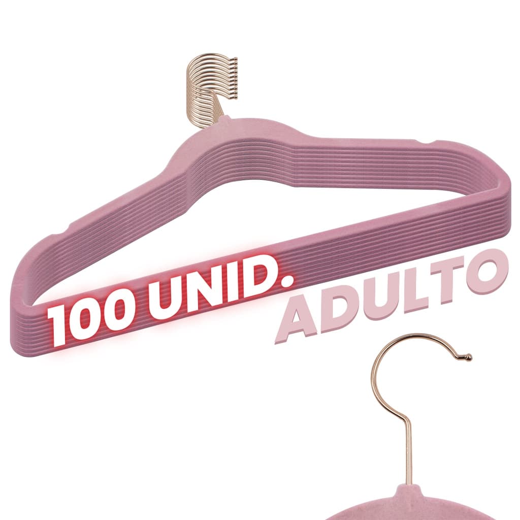 Kit 100 Cabides Veludo Rosa Gancho Rose Antideslizante 45cm