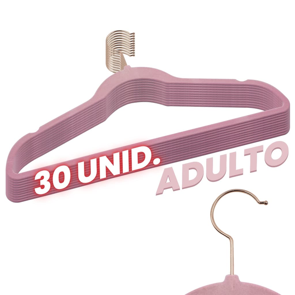 Kit 30 Cabides Veludo Rosa Gancho Rose Antideslizante 45cm