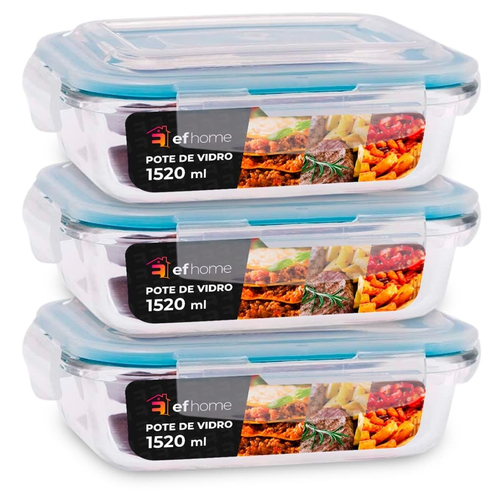 Kit 3 Potes 1520ml De Vidro Com Tampa Hermética e Travas Vai ao Forno/Freezer