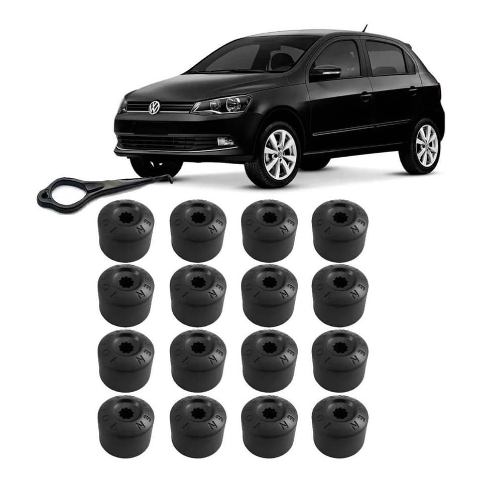 Kit Capa Tampa Parafuso Roda Vw Gol Saveiro roda de ferro e liga leve - 16 Peças + chave de remoção p/ parafuso 17mm