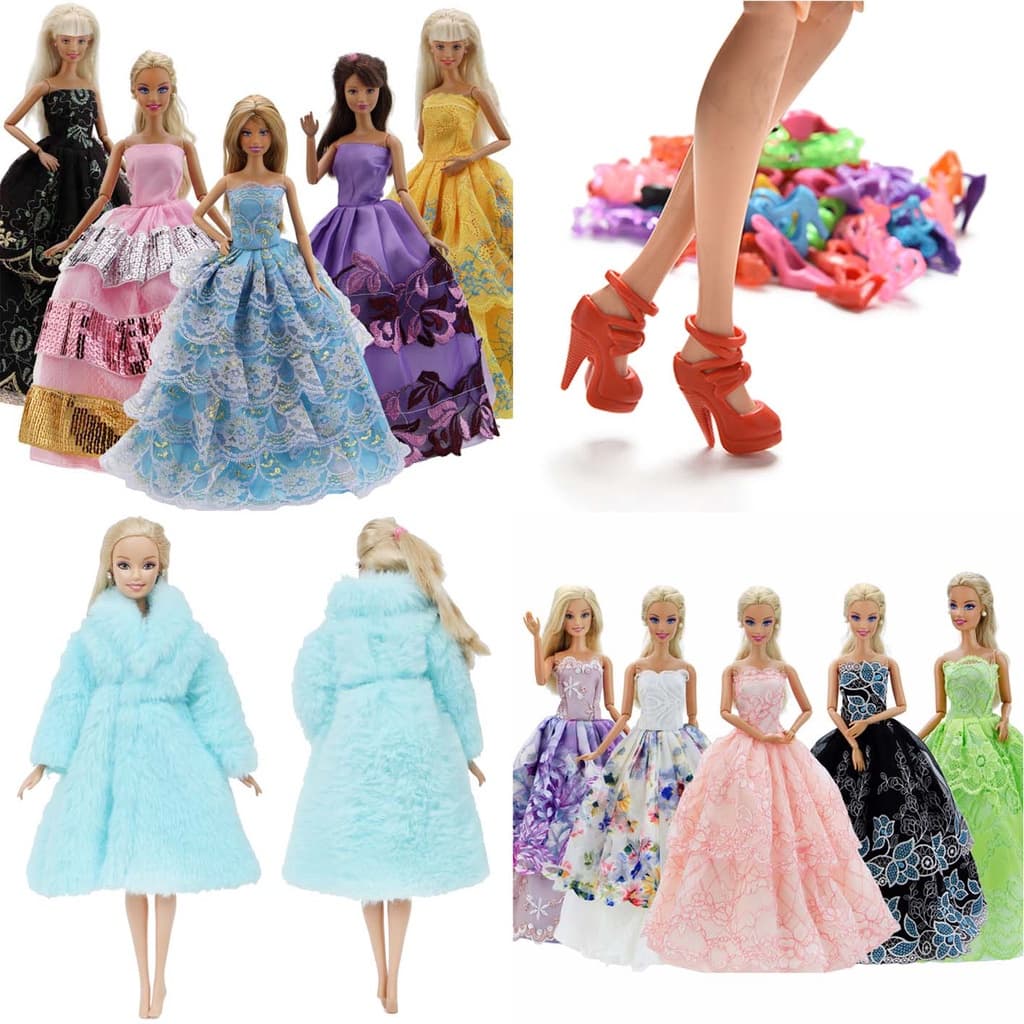 Kit De Acessórios Compatível com Bonecas de Até 30 Cm de Altura - Sapatos Vestidos Longos Casaco de Pelúcia Fofinho Charmoso Luxuoso - Sheilinha Confecção