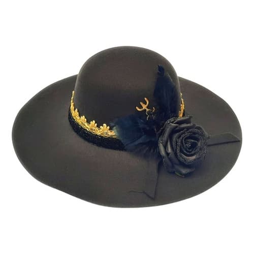 Chapeu para Pomba Gira Super Luxo Preto com rosa preta penas e tridente + Saco de Transporte