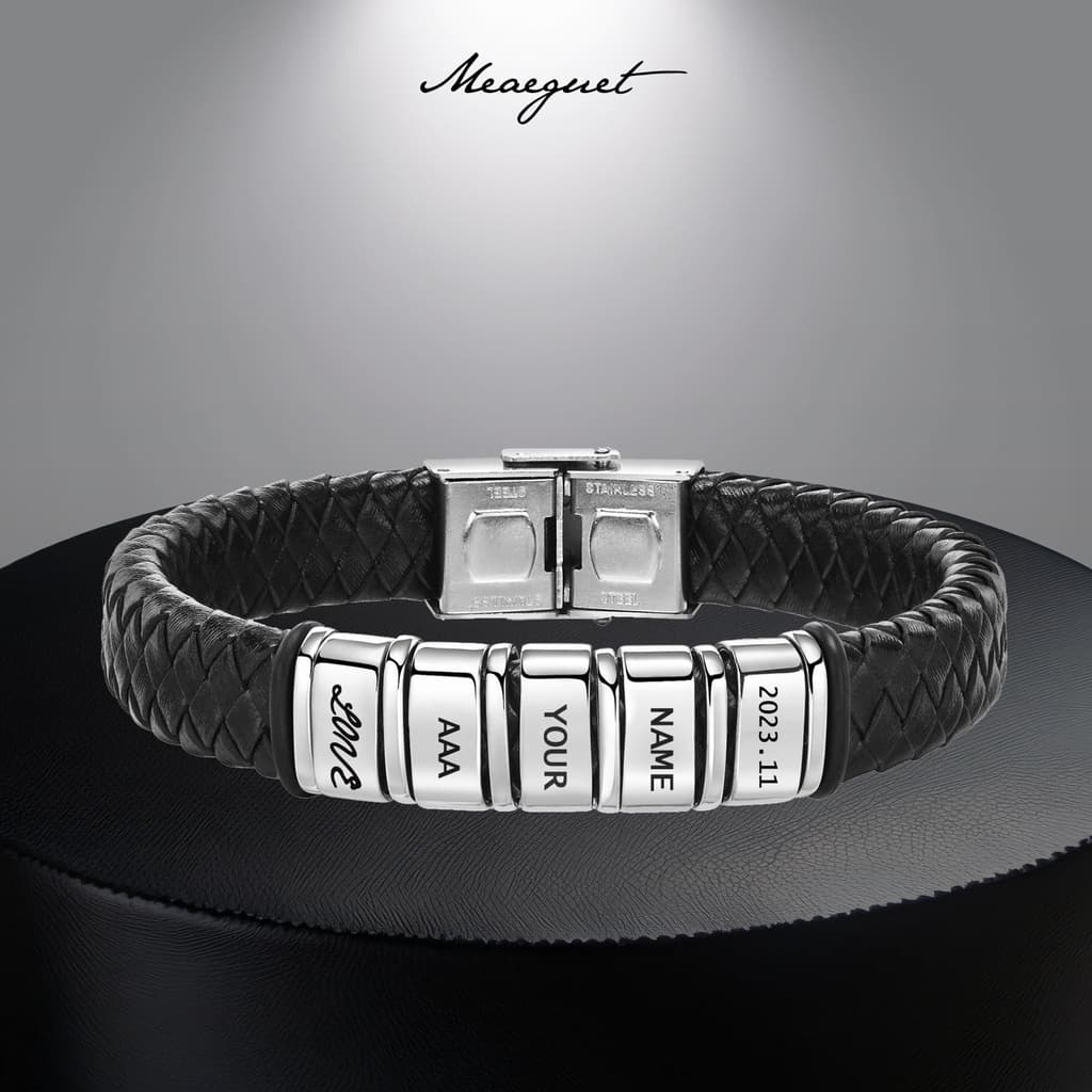 Pulseira De Couro Meaeguet Vintage Aço Inoxidável Nome Personalizado Com Engrave Livre