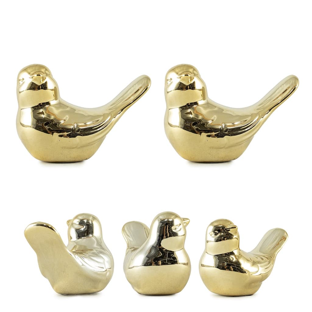Kit 2 Passarinhos Para Decoração De Porcelana Brilhante Dourado Pequeno Enfeite Sala Estante Mesa Banheiro Temático 7x5