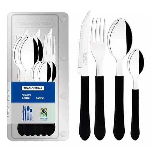 Kit Jogo Faqueiro Colher 12 Peças Inox Leme Preto Tramontina