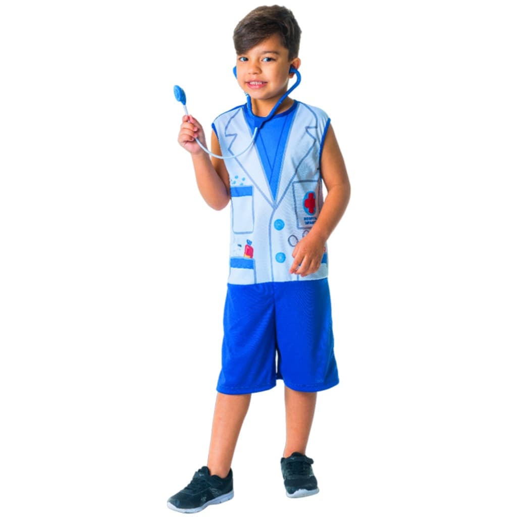 Fantasia Com Acessórios Infantil Menino Médico Completa Macacão Azul E Branco Masculino Traje Temático Feito Em Poliéster Para Meninos Crianças Halloween Ou Carnaval Selo Inmetro Toymaster