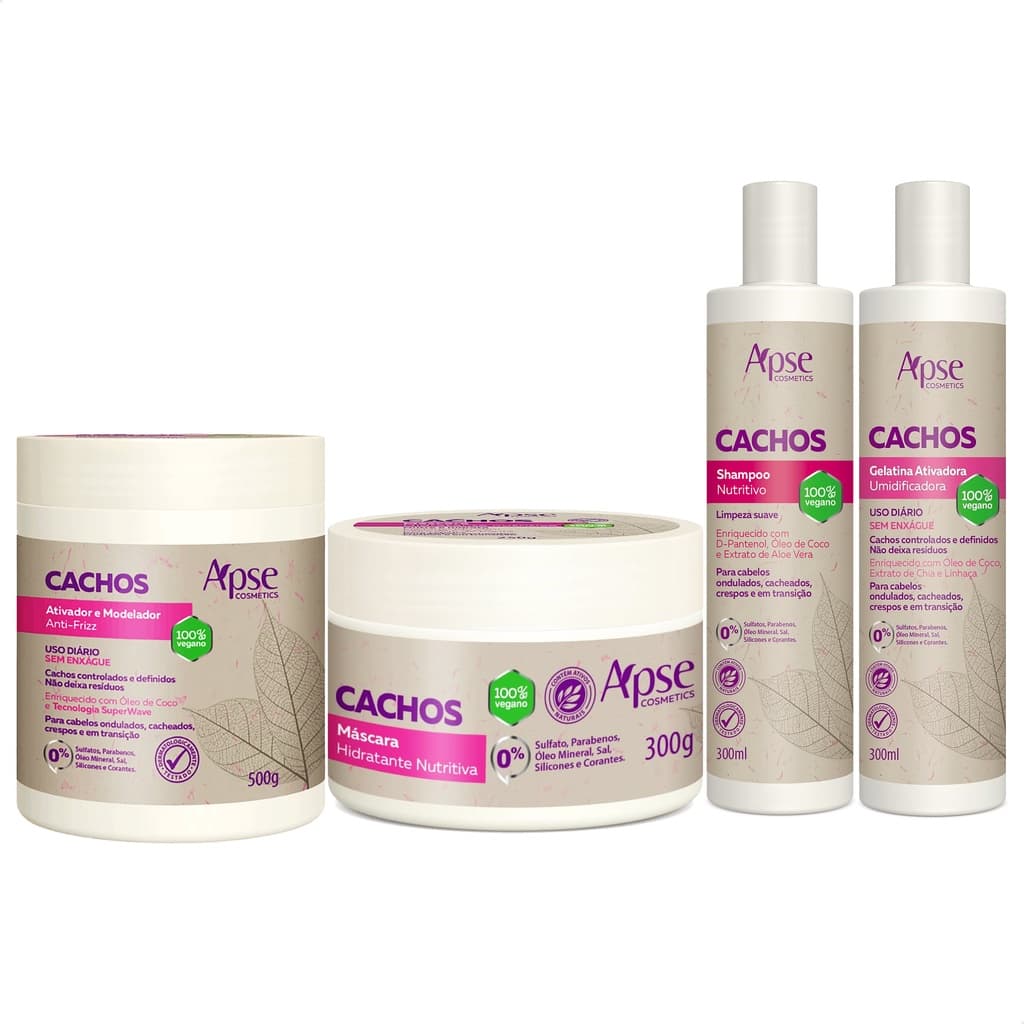KIT Apse Cachos Sh 300ml e Gelatina 300ml e Ativador 500g e Máscara 300g