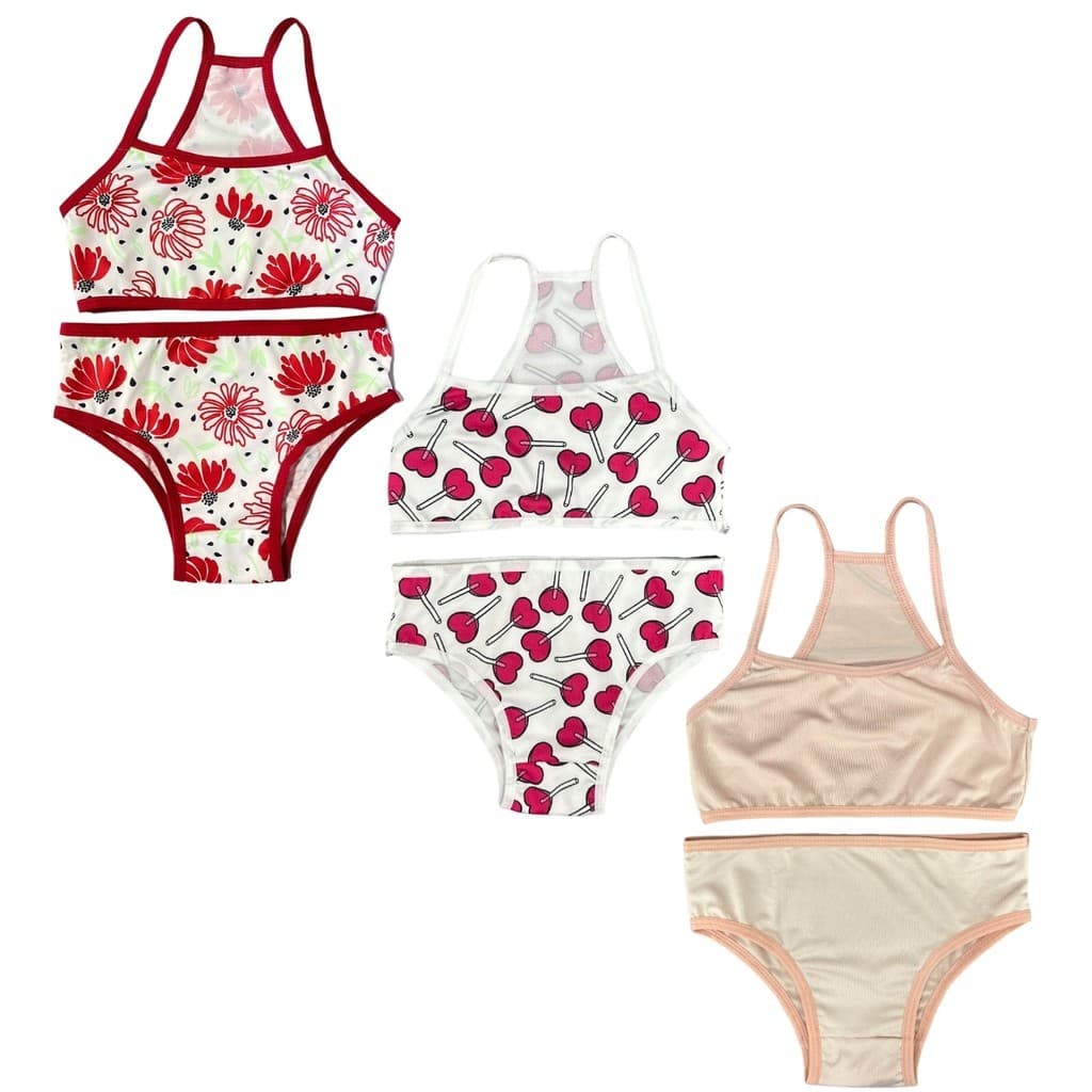 Kit 3 Conjunto Infantil Menina Moça Top e Calcinha Liso e Estampado Misto