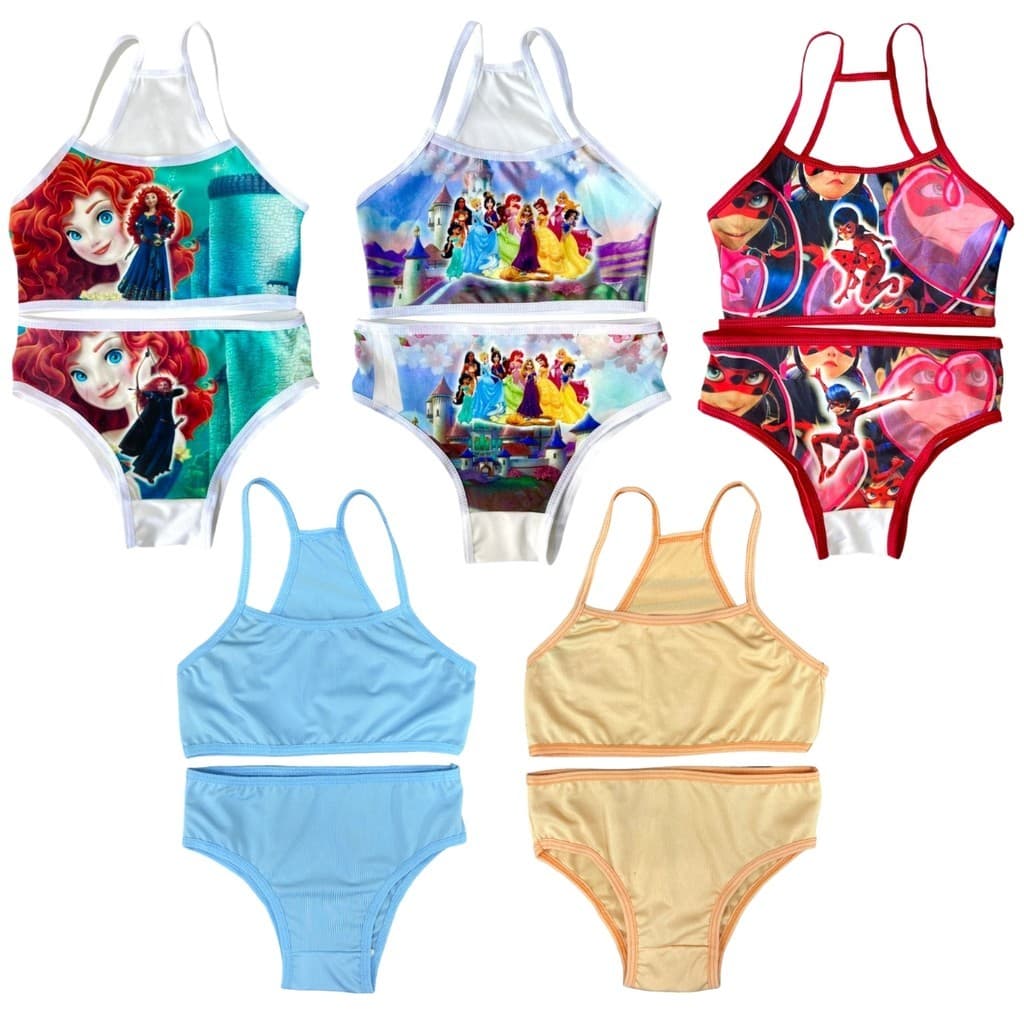 Kit 5 Conjunto Infantil Menina Moça Top e Calcinha Liso e Sublimado Personagens Disney