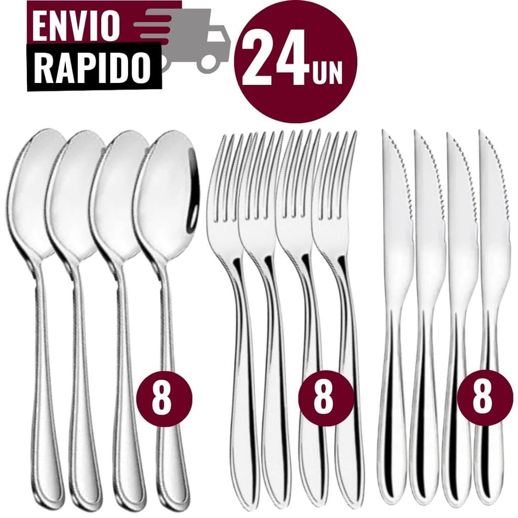 Conjunto 24 Peças de Talheres Aço Inox 8 Faca 8 Colher 8 Garfo de Mesa