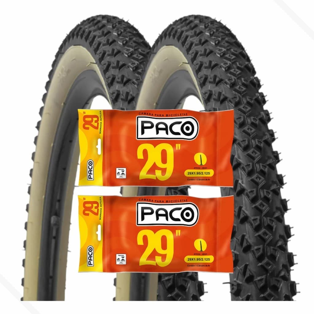 Par de Pneus Bike 29 x 2.10 Faixa Bege Mtb Paco Nomad + 2 Camara de Ar 29 Bico Grosso Schrader Paco