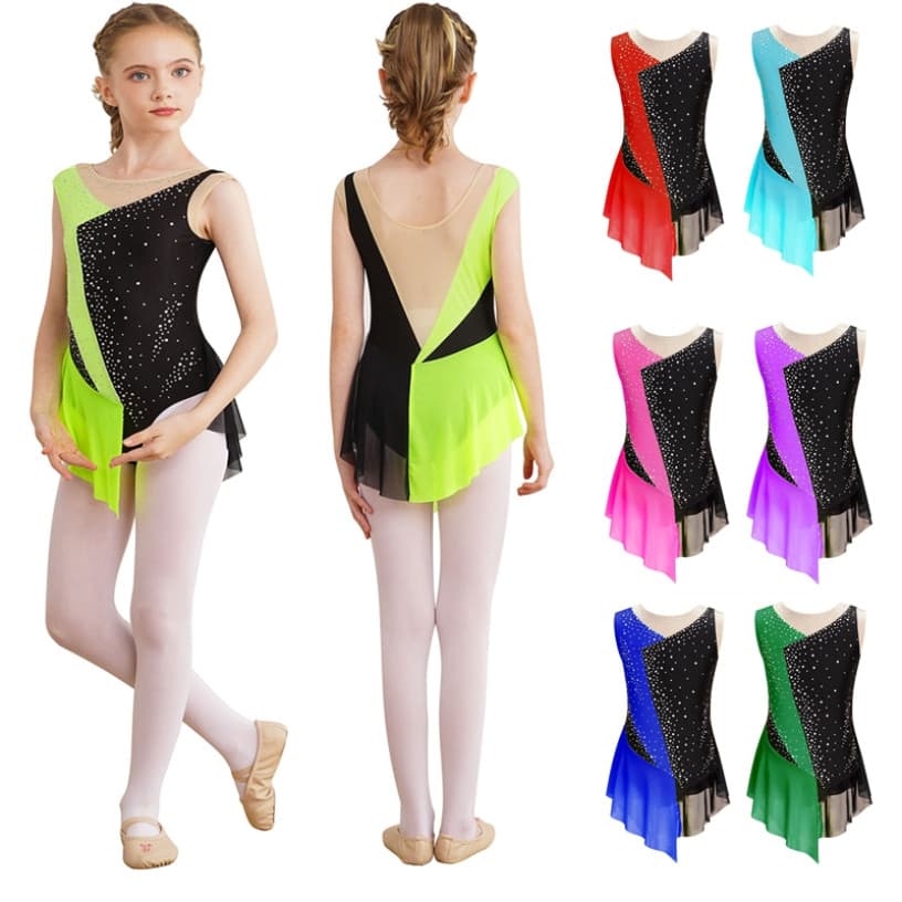 MSemis Crianças Meninas Brilhante Strass Cor Bloco Collant Pura Malha Retalhos Sem Mangas Bodysuit Para Dança Ginástica