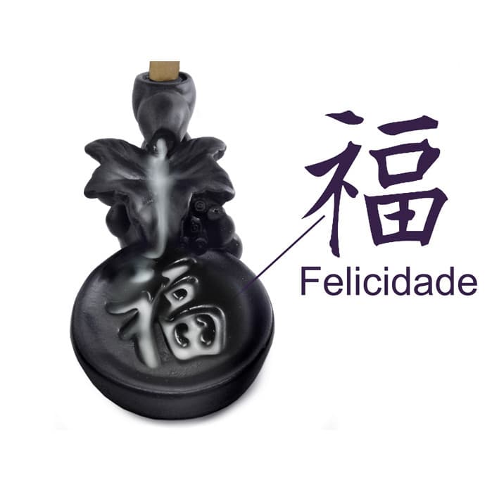 Incensário Cascata Ideograma da Felicidade + 5 Incensos Cone Brinde Energia Zen Decoração japonês