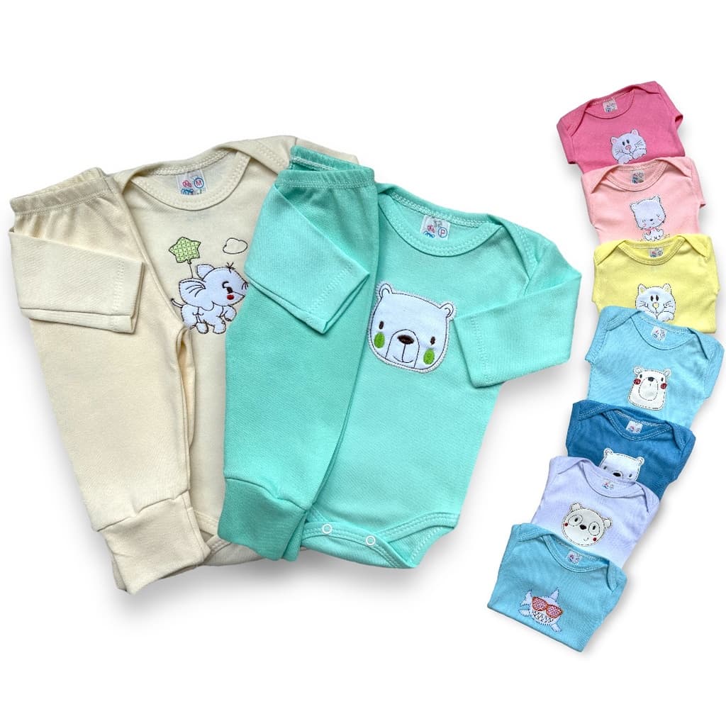 Conjunto Body Bordado Manga Longa E Calça Pé Reversível 100% Algodão Enxoval Bebê