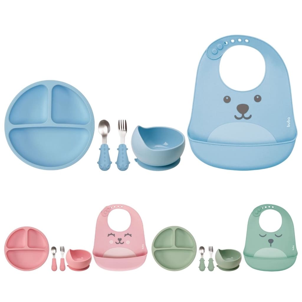 Kit Refeição Infantil 4 Peças Prato Silicone com Divisórias e Ventosas, Bowl, Kit Talher Inox Cabo Silicone e Babador Pega Migalhas Gumy Buba