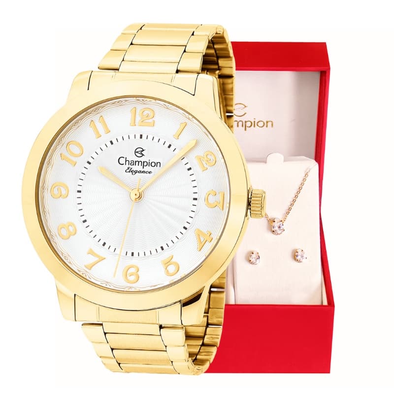 Relógio Feminino Champion  Analógico Dourado Original + Conjunto Colar e Brincos CN25118W  Relógio Feminino Elegante