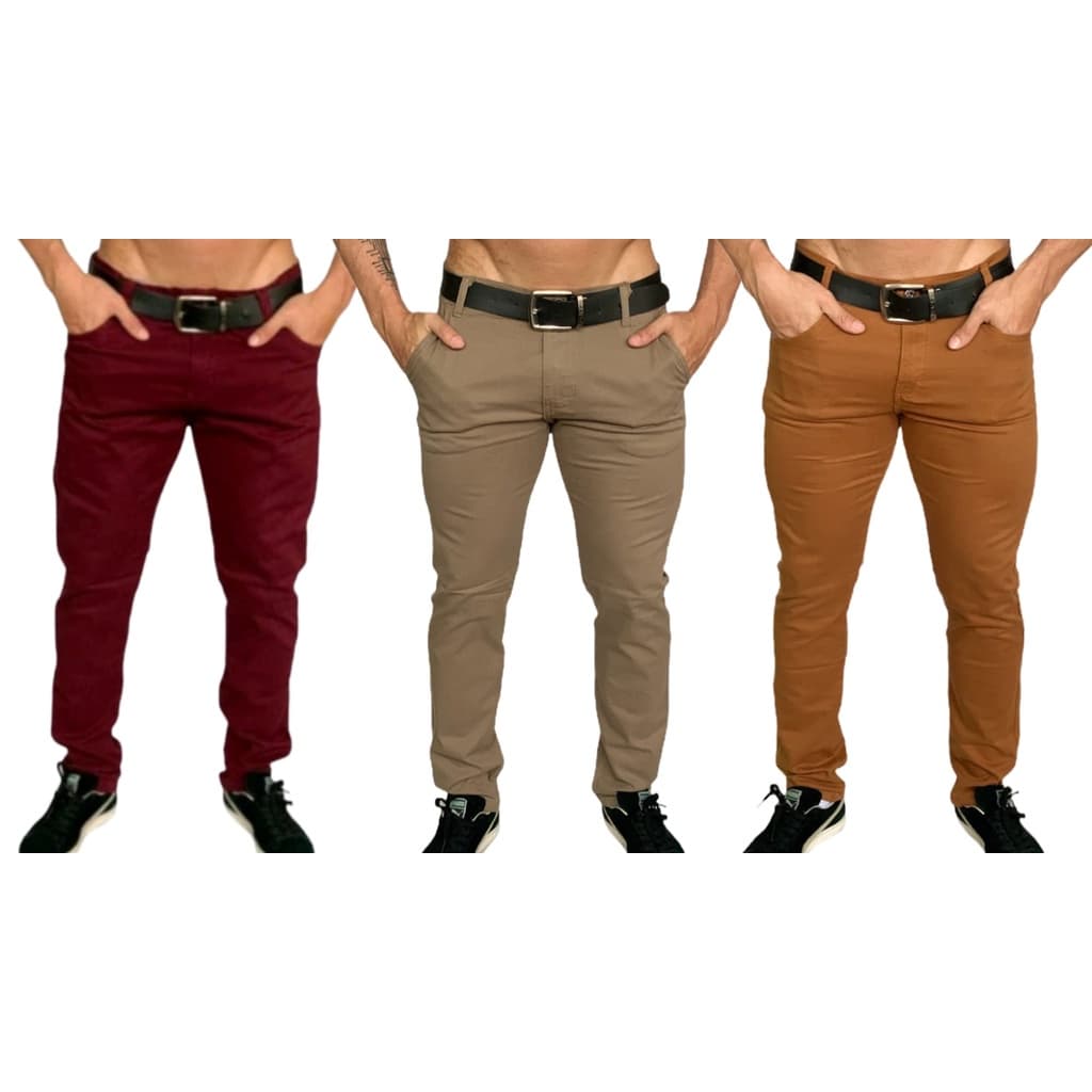 Kit 3 calças Tradicionais Slim Fit Bordô Cáqui e Caramelo em Sarja Lançamento