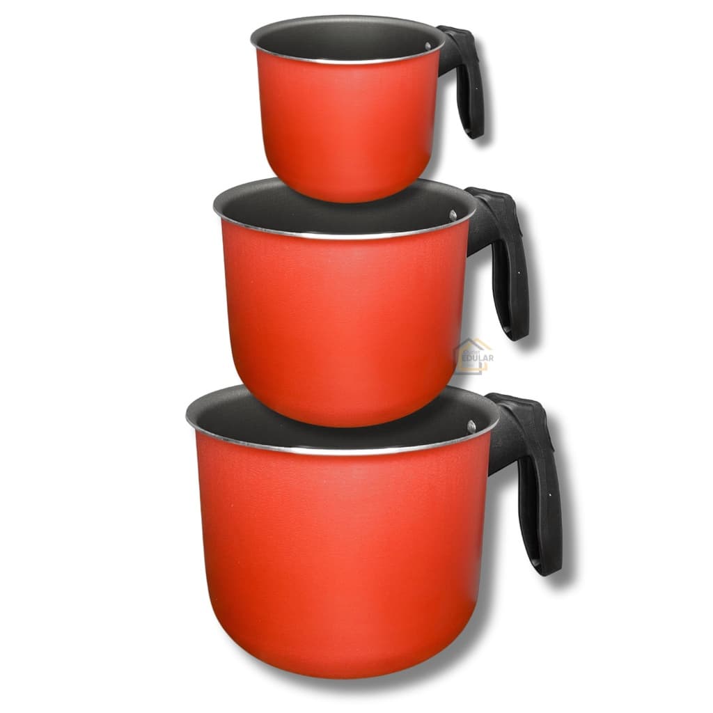 Jogo Kit Fervedor Caneco Leiteira 3 peças 12 14 e 16 cm 5 Camadas Antiaderente Teflon Cor Vermelho