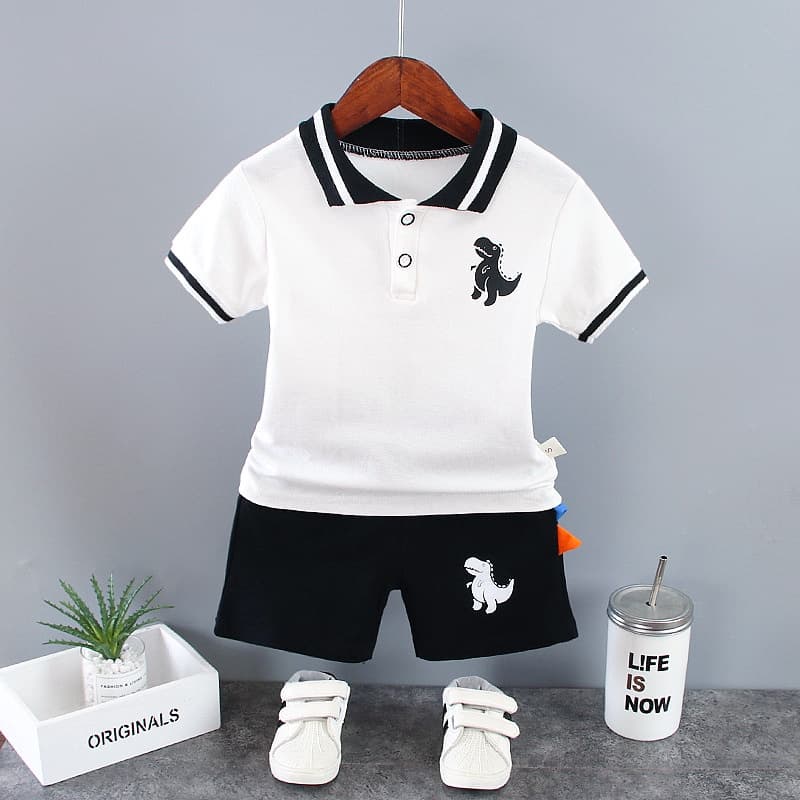 Camisa pólo de manga curta de dinossauro de verão para meninos + shorts de duas peças conjunto, roupas de bebê,