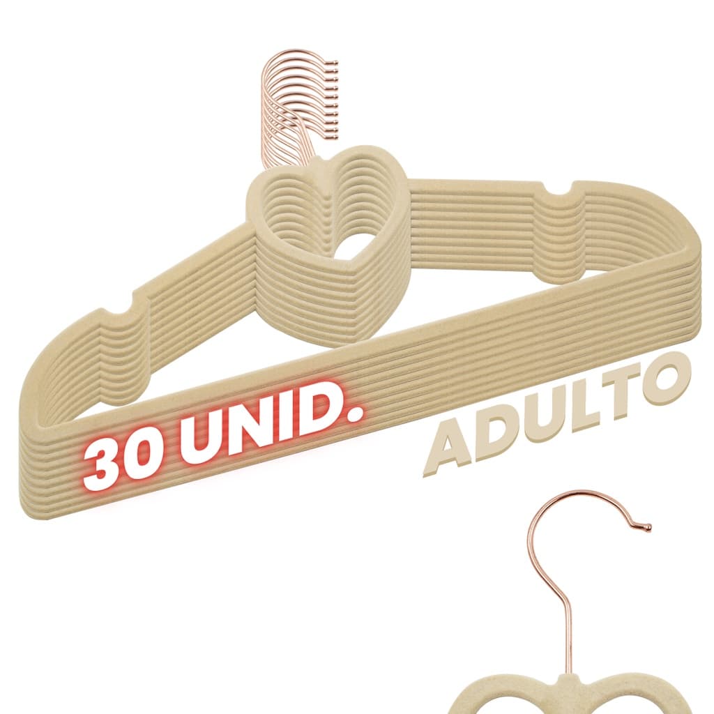 Kit 30 Cabides Veludo Bege Gancho Rose Slim Formato Coração