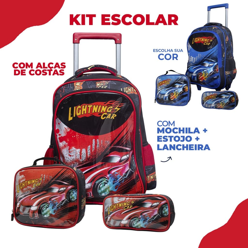 Kit Mochila de Rodinhas C/ Alças + Lancheira + Estojo Lightning Car Carro Escolar Infantil