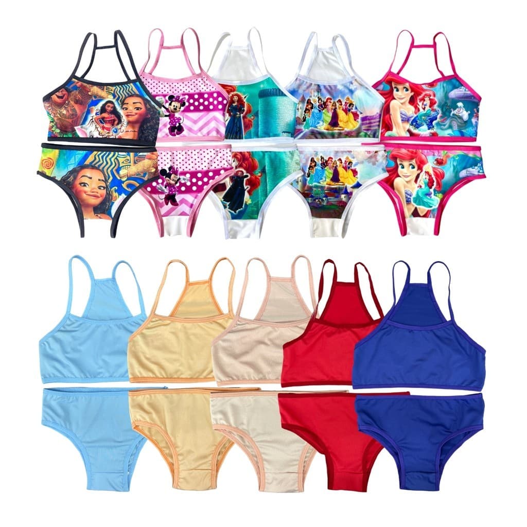Kit 10 Conjunto Infantil Menina Moça Top e Calcinha Liso e Sublimado Personagens