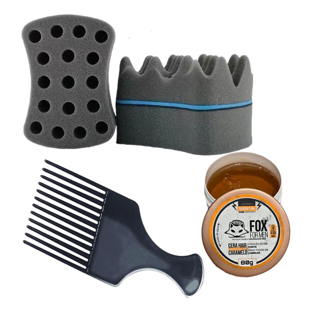 Kit Nudred Afro Hair Esponja + Pomada Modeladora + Pente Garfo Black Power Cacheado