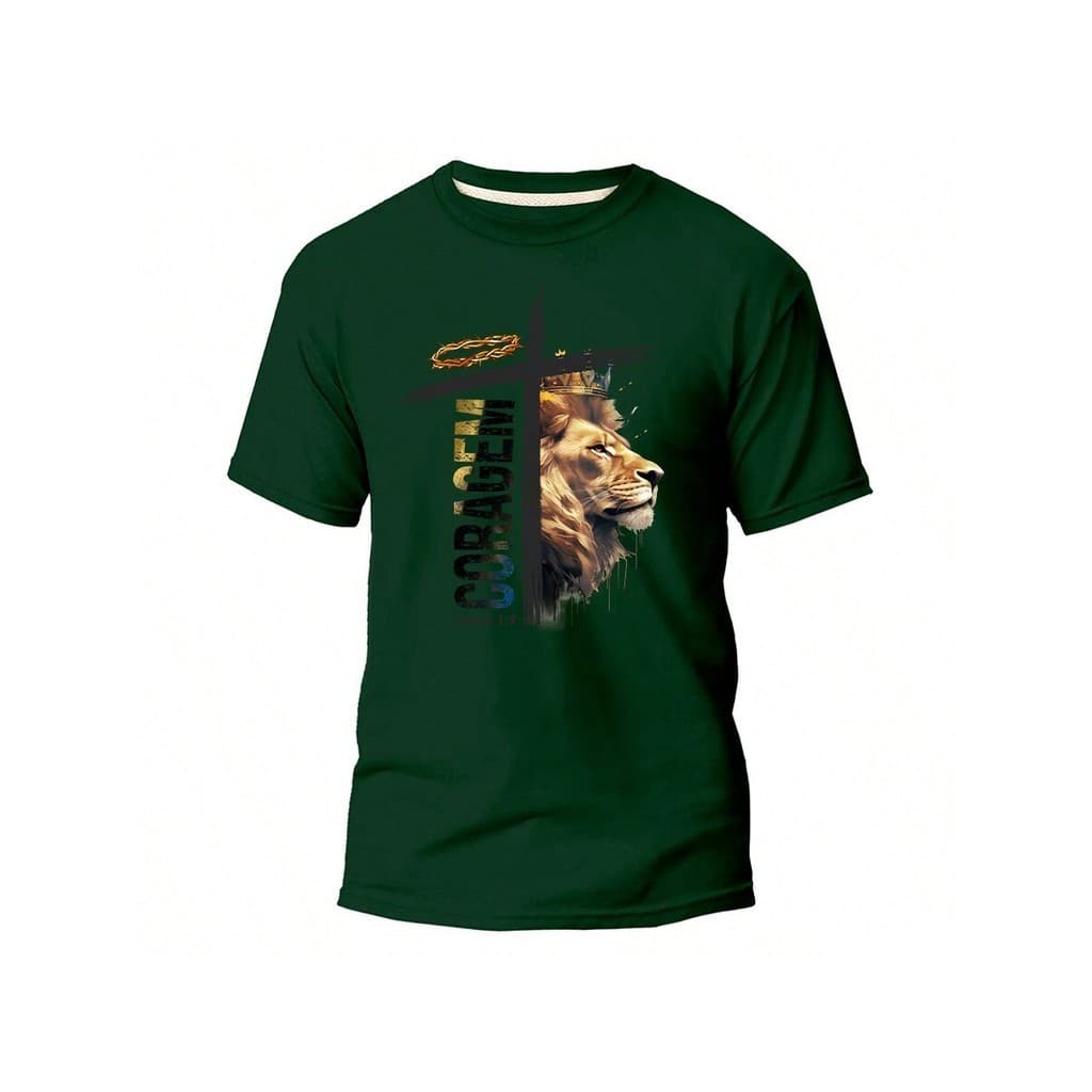 Camisa Camiseta Cristã Gospel Evangélica Estampada Coragem Cruz Leão Reino Unissex Tecido Premium 100% Algodão