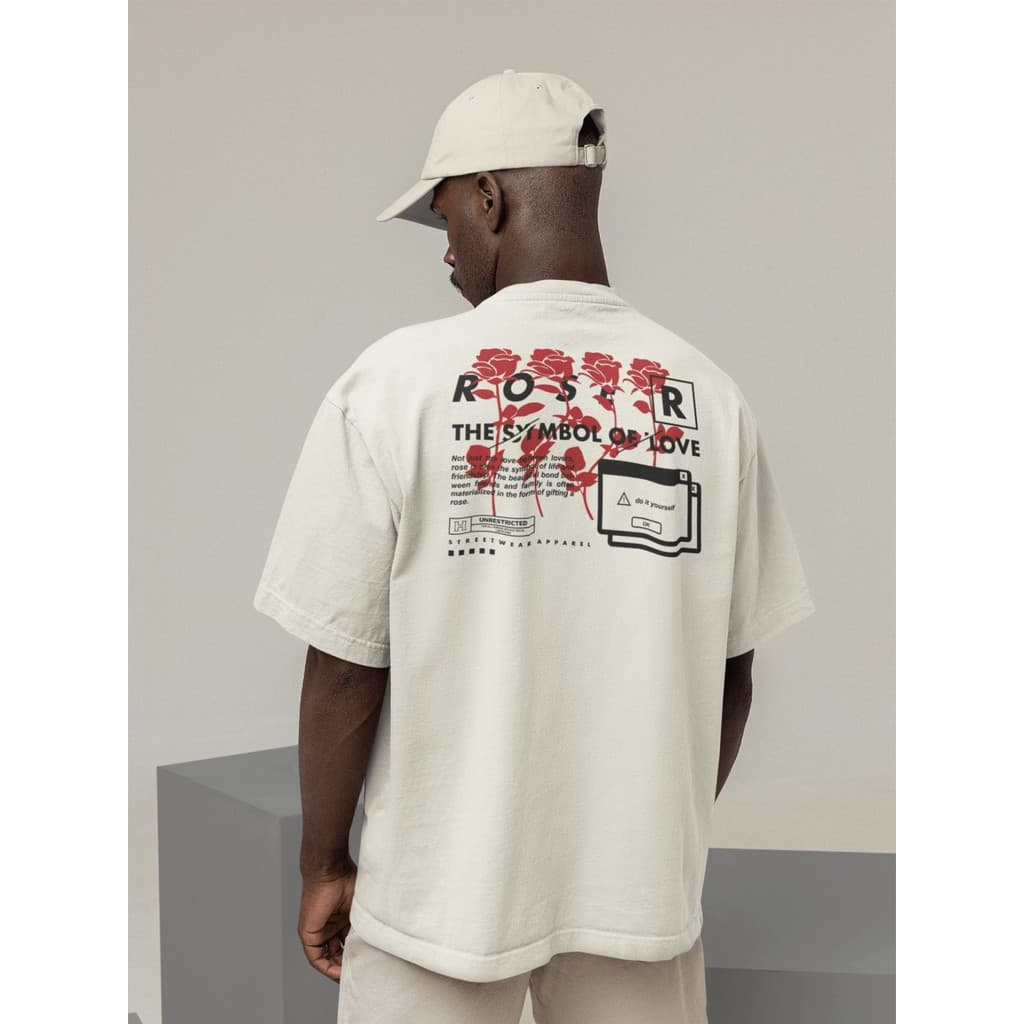 Camisa Camiseta Oversized Gola Alta Streetwear Masculino e Feminino 100% Algodão Preto e Off Whte Estampado - ROSES