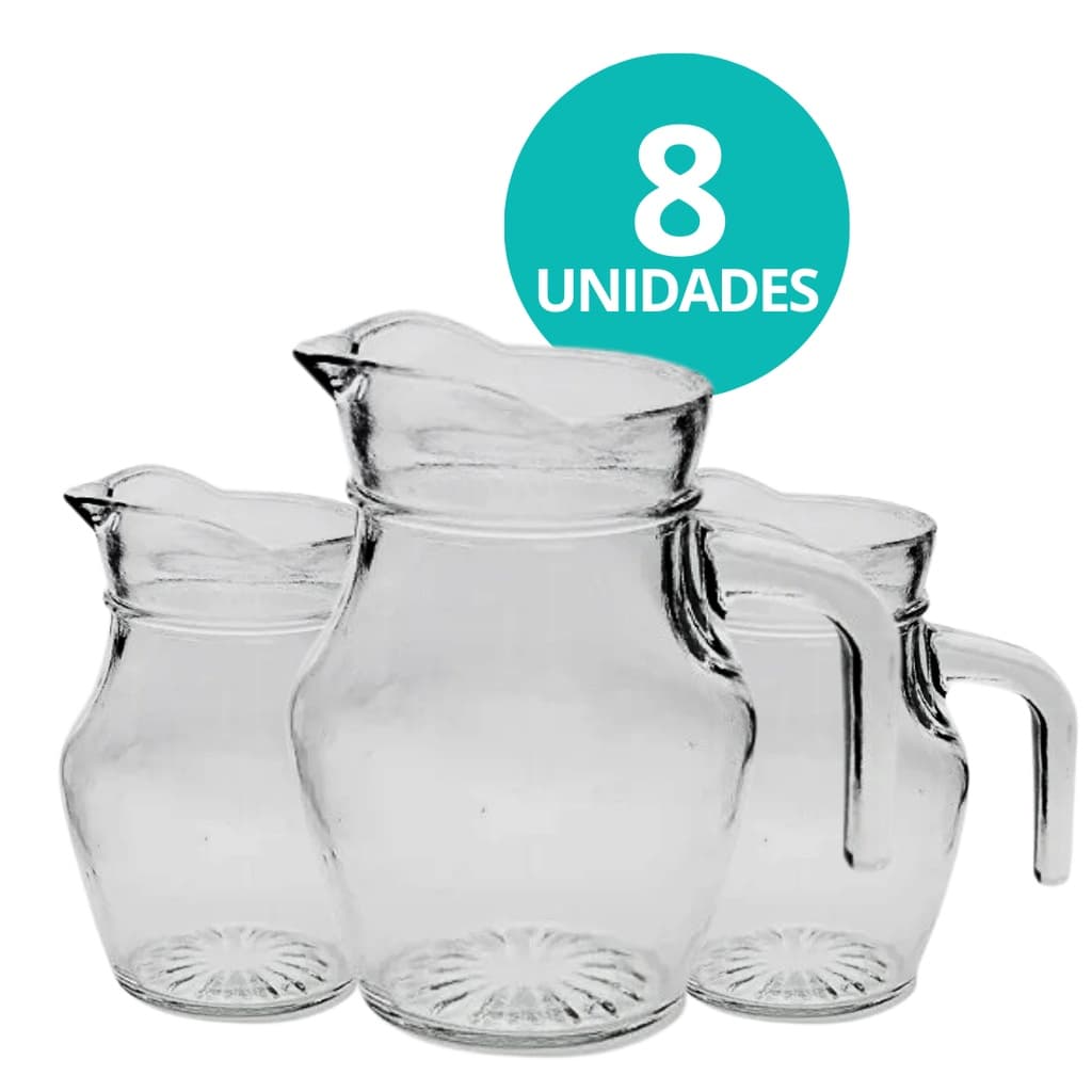 Kit 8 Mini Jarra De Vidro Lisa Transparente Com Alça Agua Suco Clássica 500mL