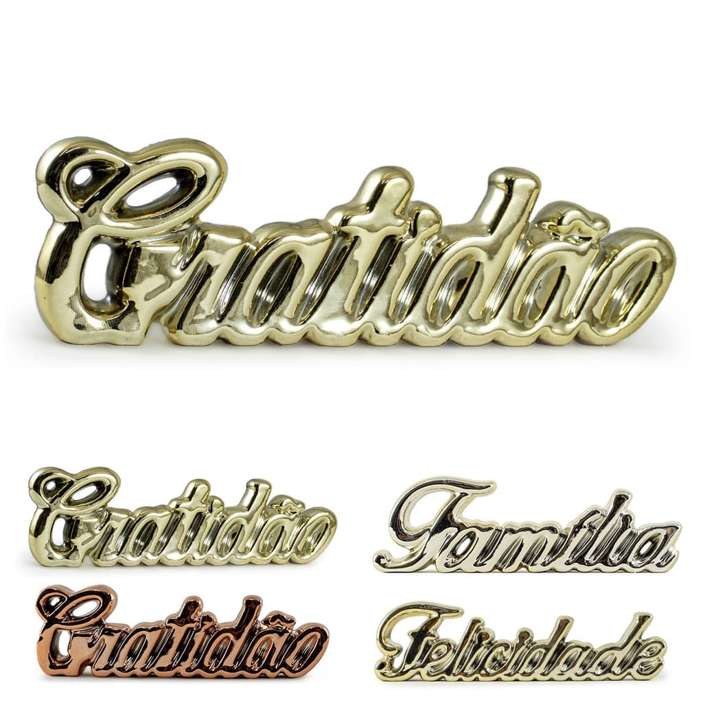 Palavra Decorativa Gratidão Família Felicidade De Porcelana Brilhante Enfeite Para Sala Quarto Estante Presente 13x4cm