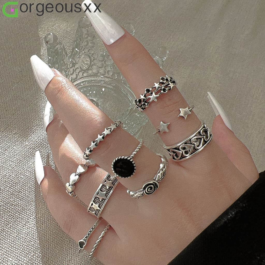Punk Fashion Personalizado Conjunto Anéis Estrelas Do Coração Amor Mulheres Junta De Flores Jóias Acessórios Femininos