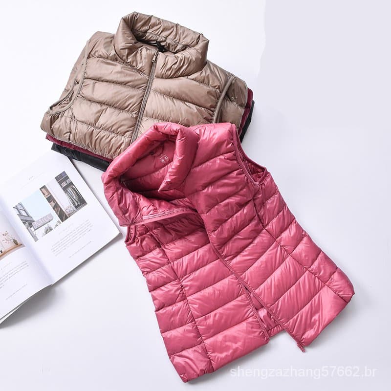 2023 Novas mulheres 90% pato branco para baixo colete pato ultra leve jaqueta outono inverno casaco sem mangas gola alta
