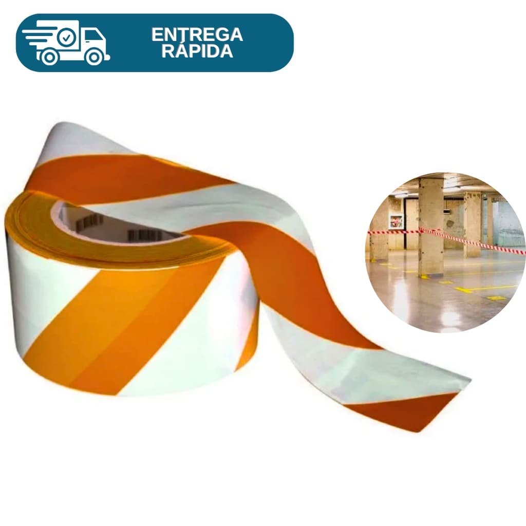Fita Zebrada Laranja e Branco Para Isolamento 70mm X 150 Metros Sinalização
