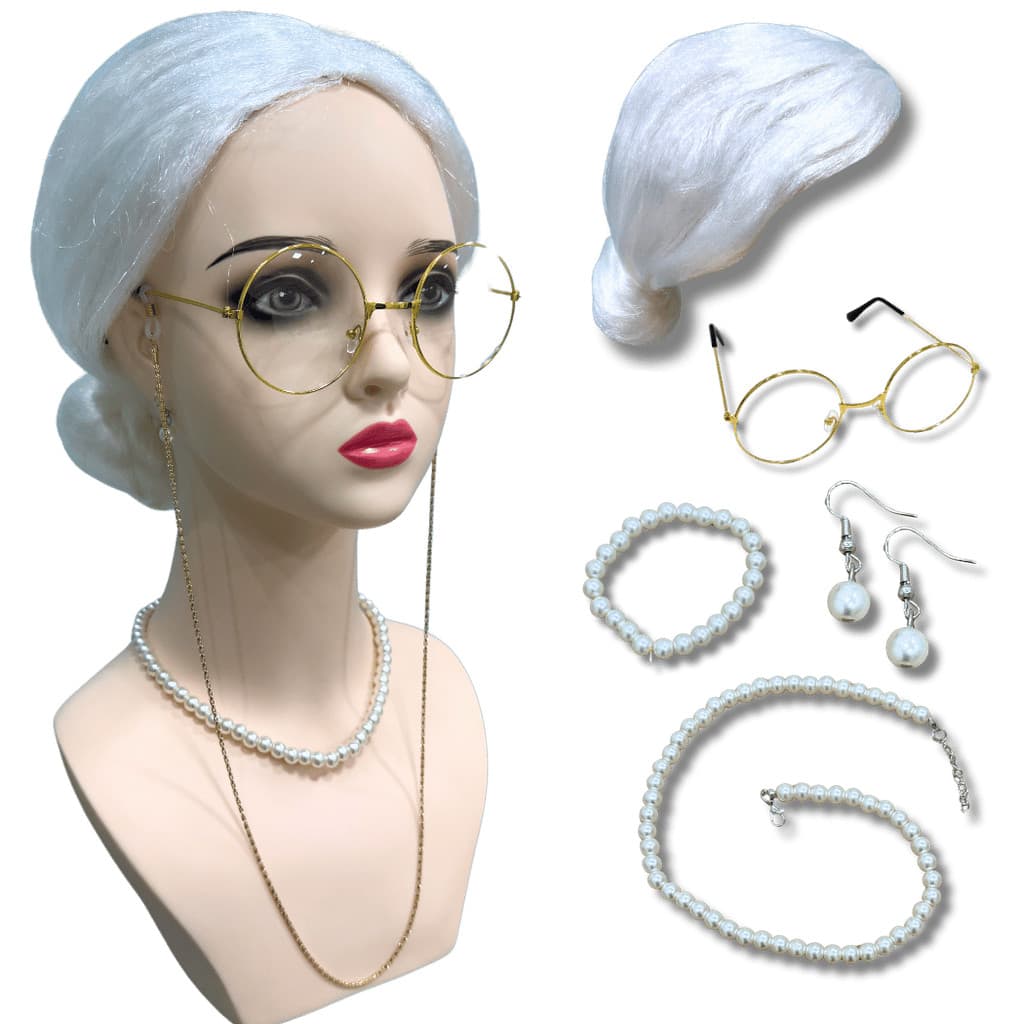 Kit peruca vovozinha idosa coque óculos brincos branca
