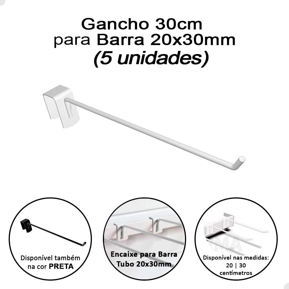 Kit 5 Gancho Expositor 30cm P/ Régua Barra 20x30mm Loja
