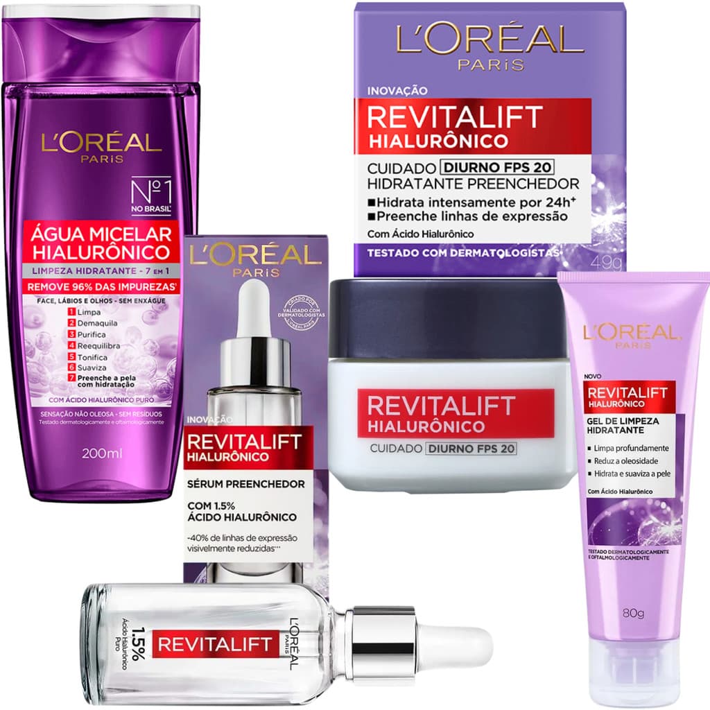 Kit Ácido Revitalift Hialuronico Água Micelar Sérum Preenchedor Gel Limpeza Creme Hidratante Diurno