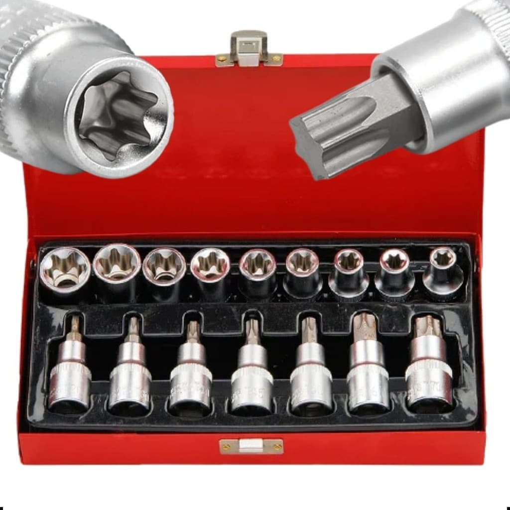 16 Soquetes Bits Torx Macho Femea Profissional Automotivo Tapeceiro 1/2 Pol Maleta CRV