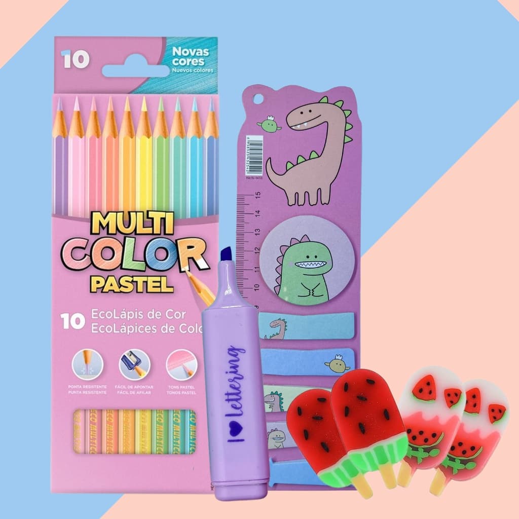 Kit Lápis De Cor Papelaria Fofa Marca Página Borrachas Fofas Marca Texto Pastel
